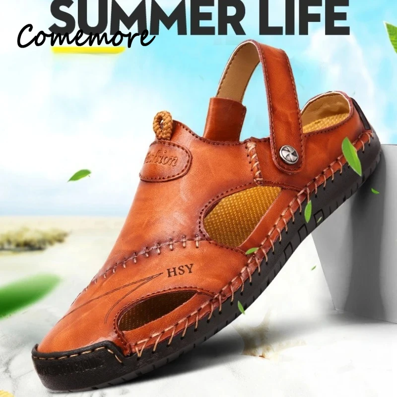 Comemore Men's Roma Sandals Leather Summer Beach Vacation Slipper Male No Slip Soft Comfort Outdoor Shoes Fashion Footwears