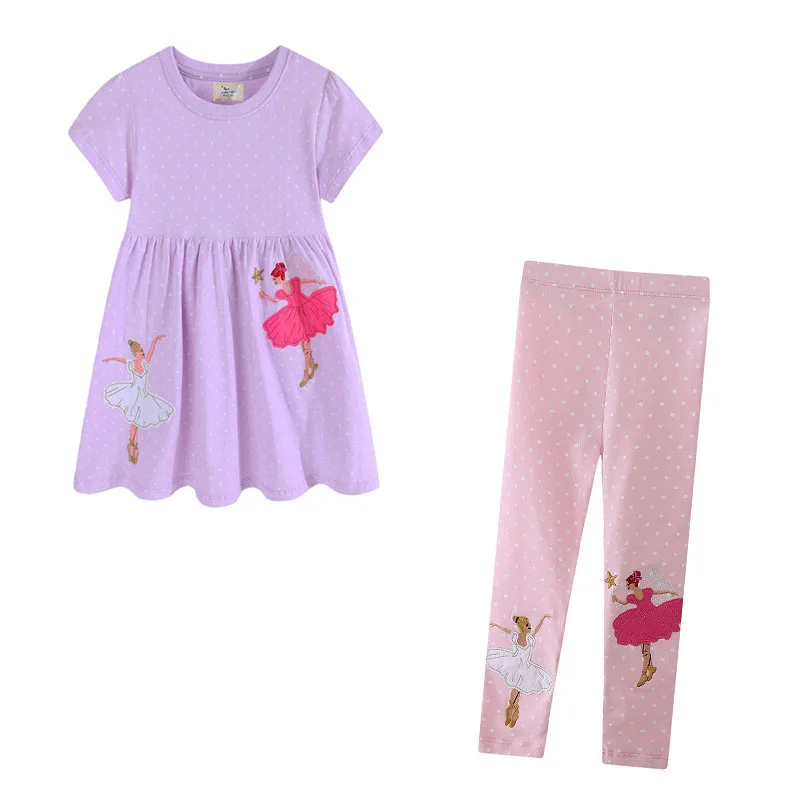 

Jumping Meters 2 Pcs Sets Dresses + Leggings Summer Girls Clothing Sets Short Sleeve Toddler Outfits Kids Clothes Suits