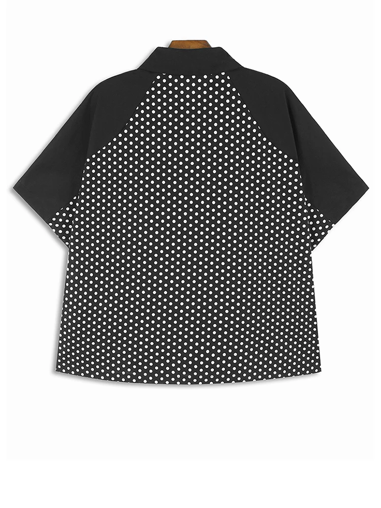 Women Black Dot Printed Hem Big Size Blouse New Lapel Short Sleeve Shirt Fashion Tide Spring Summer