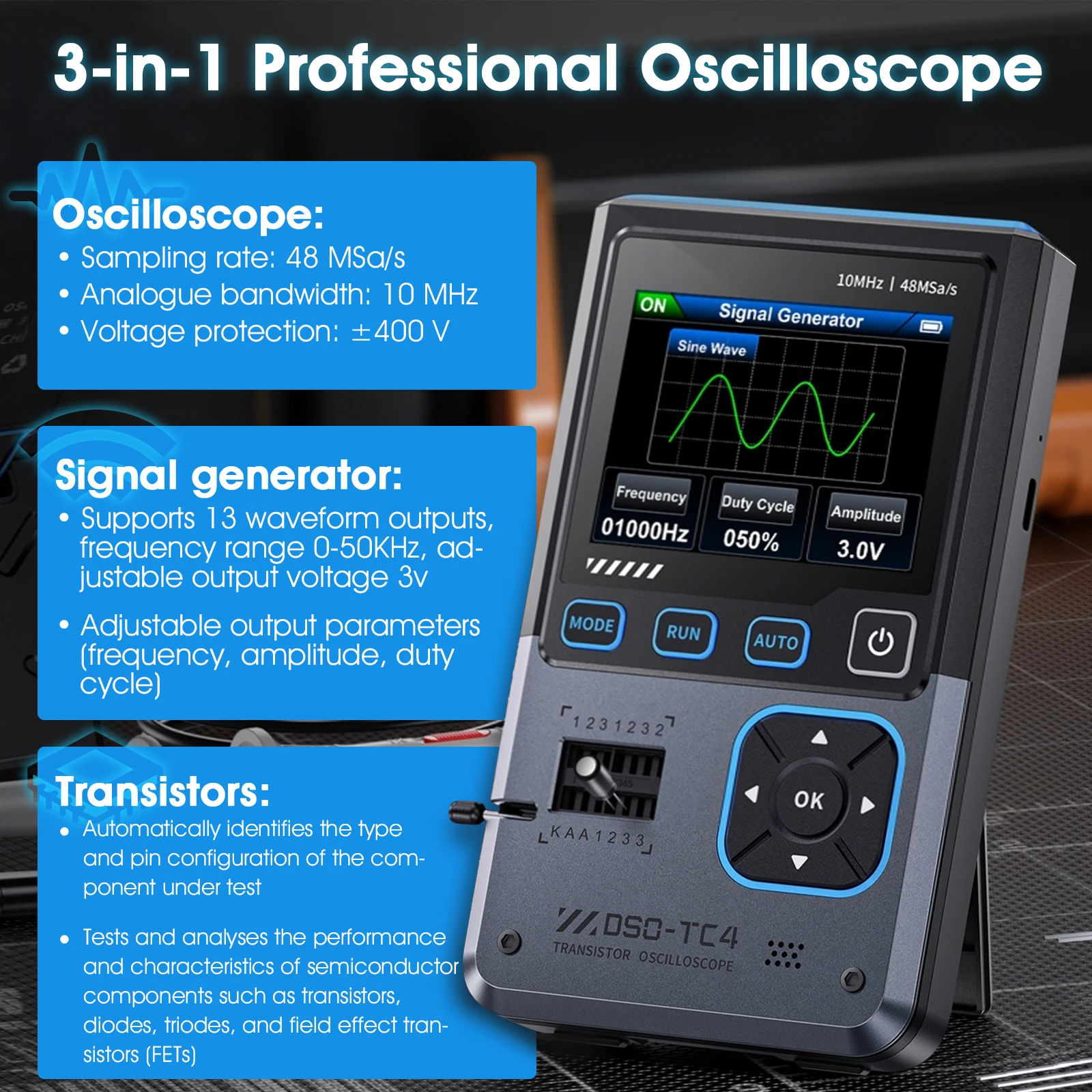 FNIRSI DSO-TC4 3-in-1 Multifunction Transistor Oscilloscope 10MHz 48MSa/s Signal Generator Transistor Tester 2.8