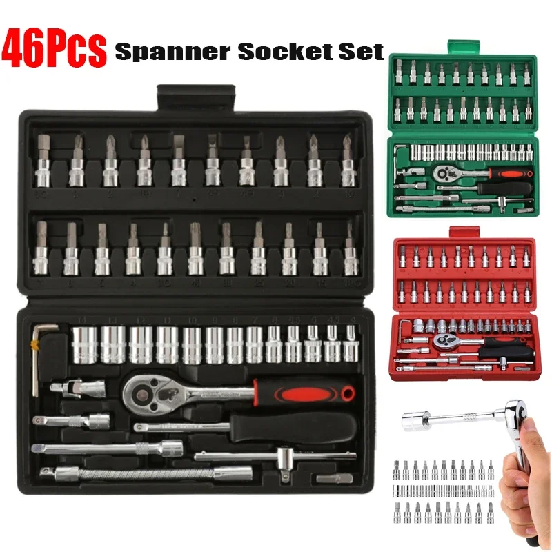 

46pcs Socket Ratchet Car Repair Tool Wrench Set Head Ratchet Pawl Socket Spanner Screwdriver Professional Metalworking Tool Kit