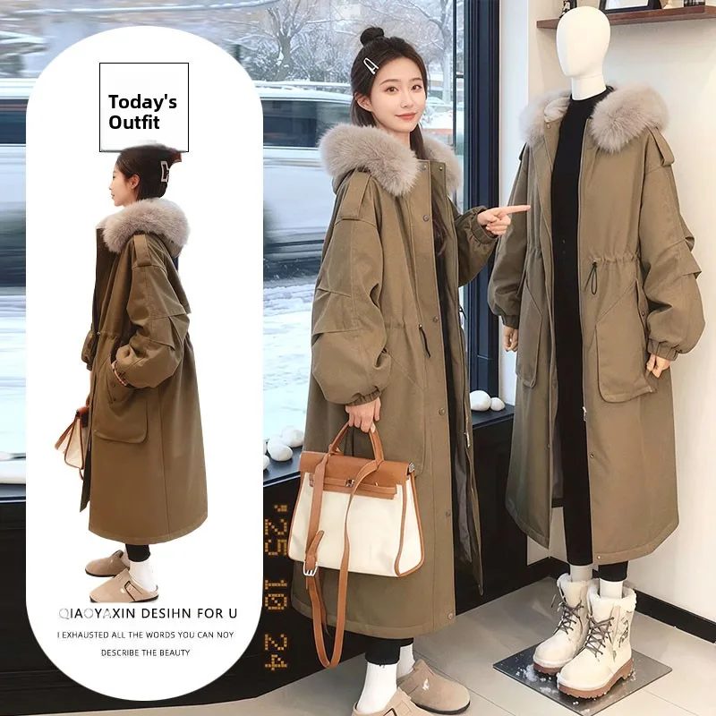 Elegant Long Fur Collar Parka Coat Women's Military Green Design Winter New Style Versatile Outerwear Female Mid-Length Sleeve