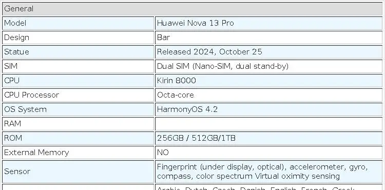 Huawei Nova 13 Pro 5G Mobile Phone 6.76" 120Hz Display Kirin 8000 50MP Camera 5000mAh Battery HarmonyOS 4.2 Smartphone