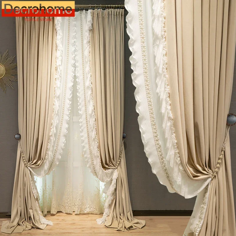 

French light luxury milk tea color velvet lace stitching living room bedroom curtains Curtains for Living dining room bedroom