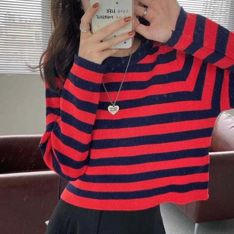 Women's Clothing Korean Striped Pullovers Knitted Spring Autumn Loose O-Neck Contrasting Colors Casual Long Sleeve Short T-shirt