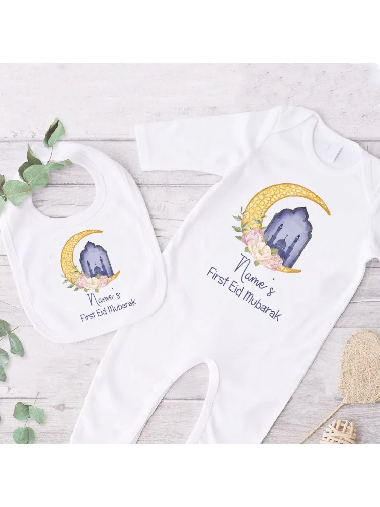 Tenues personnalisées pour bébé pour la première fête de l'Aïd, ensemble de pyjama et de bavoirs personnalisés avec le nom du bébé, vêtements pour bébé musulman pour les fêtes islamiques