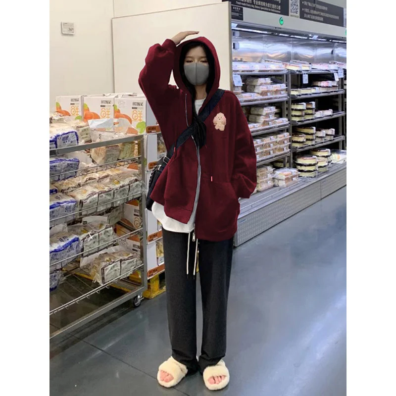 سترة بغطاء للرأس كبيرة الحجم باللون الأحمر الخمري مبطنة من Jaet American Sle oulder Sve سترة نسائية فضفاضة طويلة لخريف وشتاء