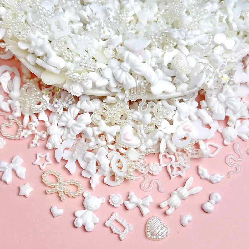 50PCS Mixed Design White 3D Nail Art Charms Bow Love Heart Stars Pearl Accessories Parts For Nails Decoration Manicure Supplies