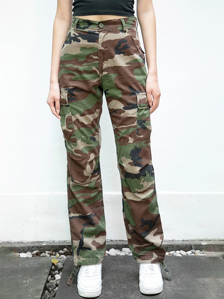 

Retro Camo Print Cargo Pants Women Casual High Waist Pockets Loose Straight Trousers Vintage Y2k Streetwear Baggy Pants 2022