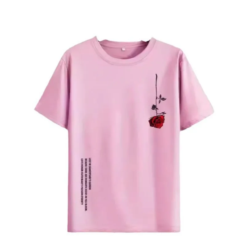 تي شيرت رجالي صيفي فضفاض مقاس 100% قطن مطبوع عليه وردة كاجوال بقصة ضيقة ورقبة دائرية وأكمام قصيرة #5