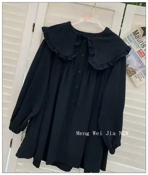 Damenhemden, einfarbig, mit langen Puffärmeln, Peter-Pan-Kragen, koreanischer Stil, modische Oberteile, Retro-Damenbluse, schlicht, lässig, vielseitig kombinierbar. – Detail 22