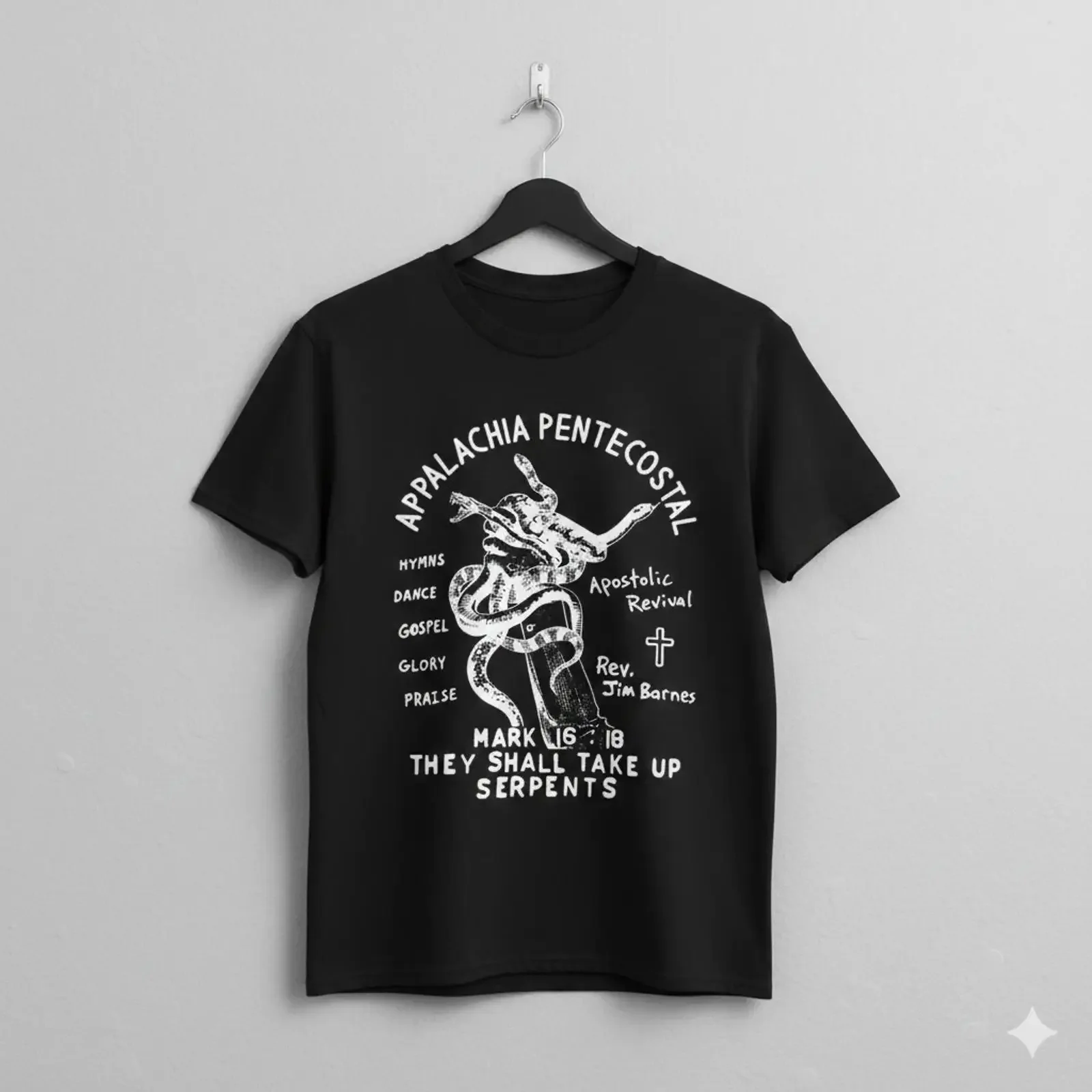 Camiseta cristiana vintage S535 con estampado de serpiente pentecostal de Appalachia 1618, estilo streetwear lavado, informal, transpirable, ligeramente estampada.