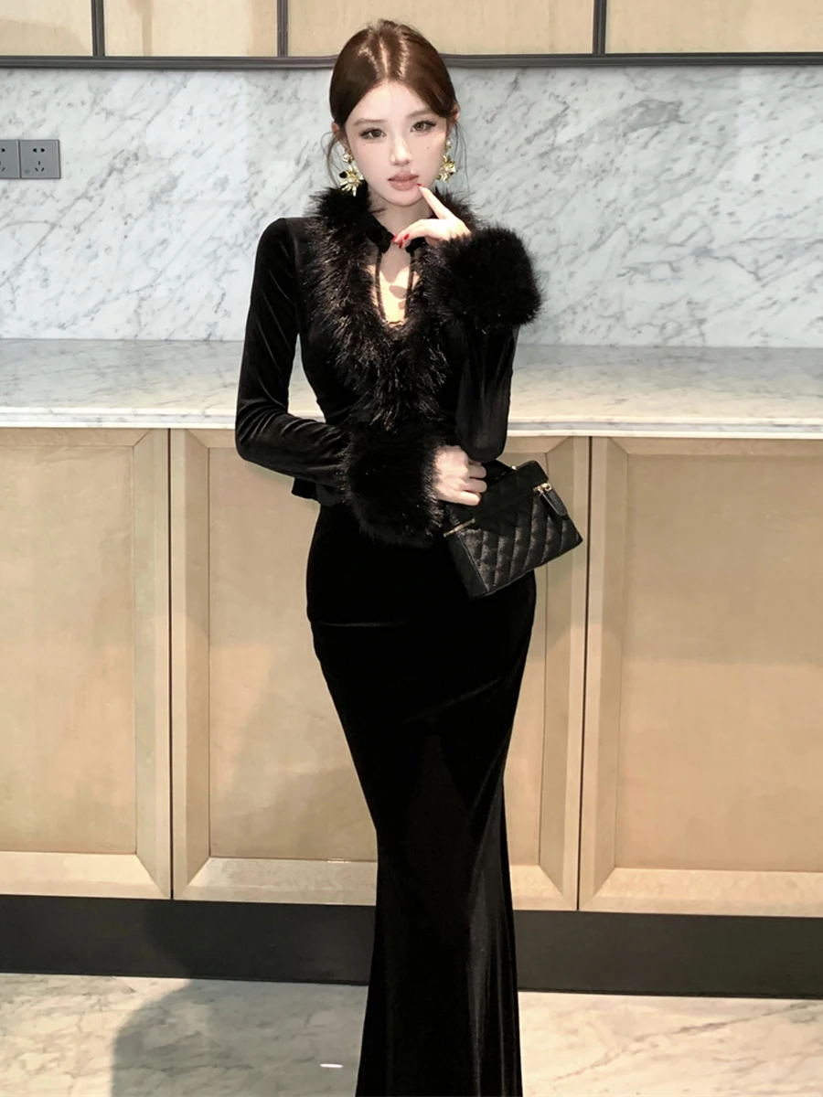 Sexy High Waist Slim Fit Velvet And Mesh Fish Tail Dress with Warm Furry Outerwear Two Piece Set for Women Fashionable Casual...