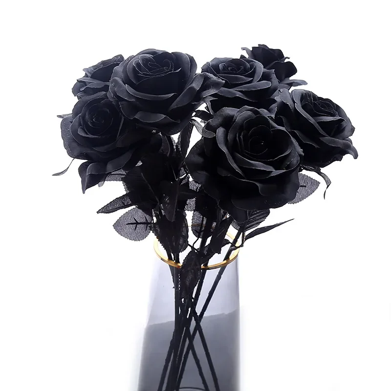 5pcs Silk Black Rose Artificial Flower Head Bouquet Home Living Room Wedding Chritmas Decoration 2025 New Year Decor Fake Flower