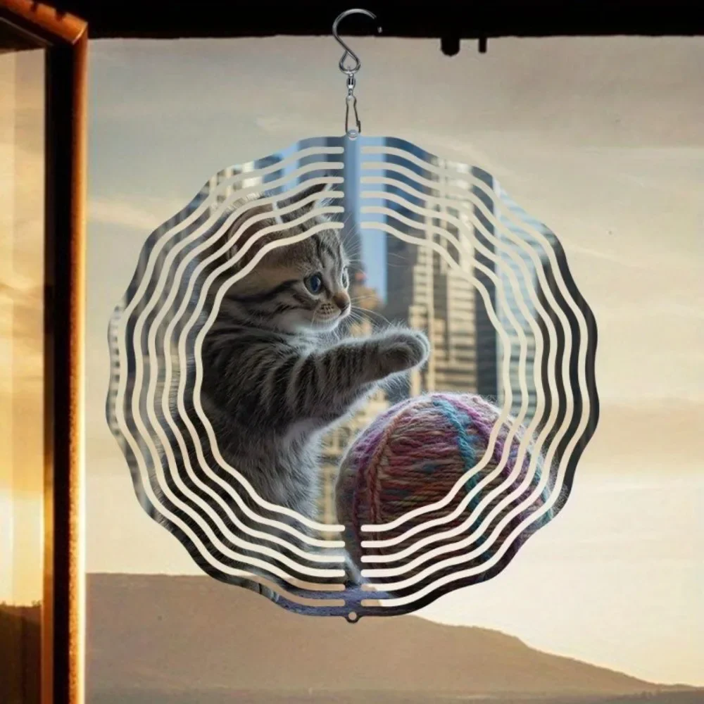 CIFBUY Wind Chimes Mandala Yarn Cat 3D 360 Rotating Metal Garden Spinner Hanging Ornament Decor for Patio Yard Lawn Porch