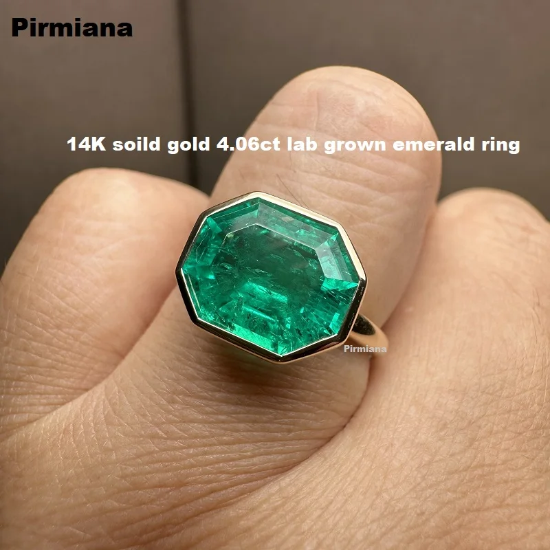 Pirmiana Custom Design 14K Soild Gold 4.06ct Lab Grown Emerald Ring Women Weddingring