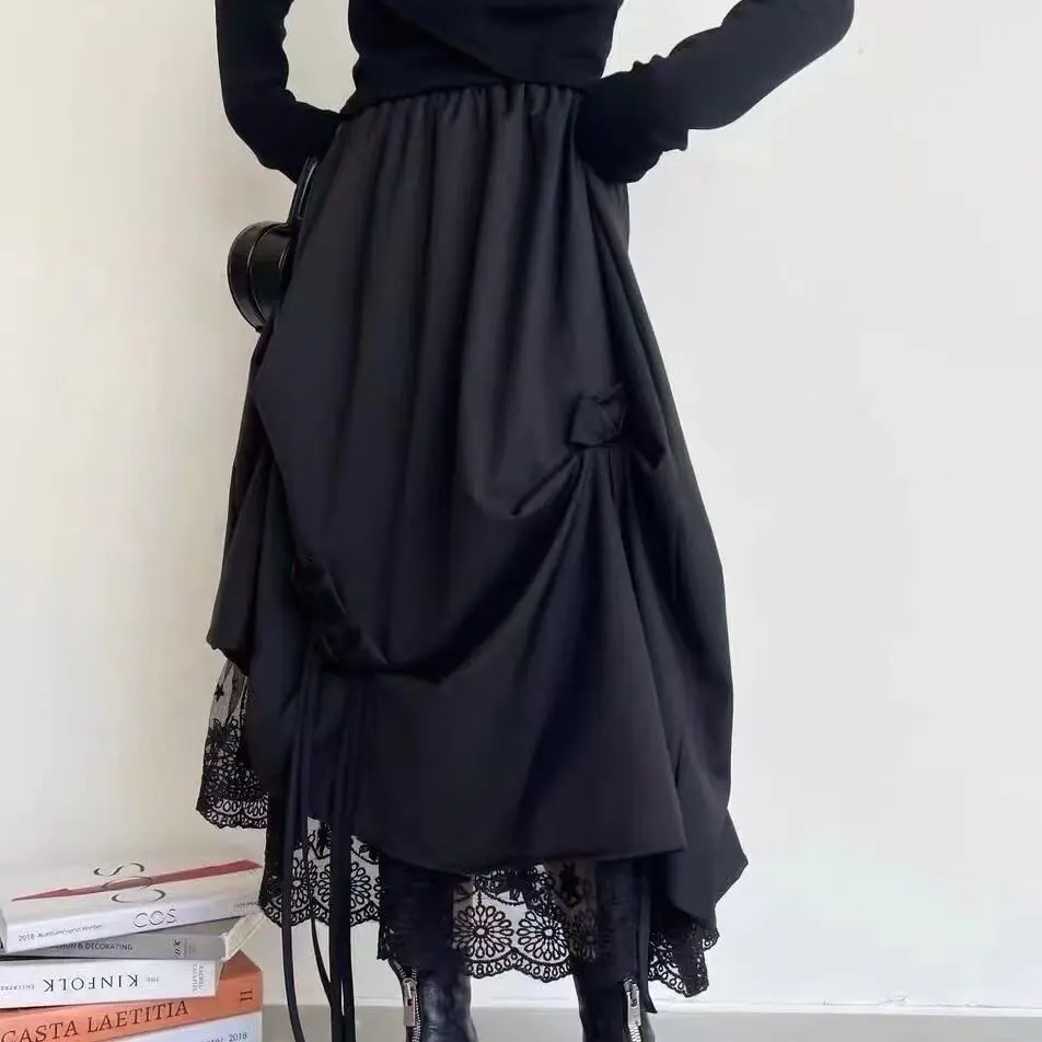 Spódnica midi z wysokim stanem, z siateczką łączącą się w węzełki, długość do połowy łydki, damska spódnica w kształcie litery A na wiosnę i jesień, włókno poliestrowe.