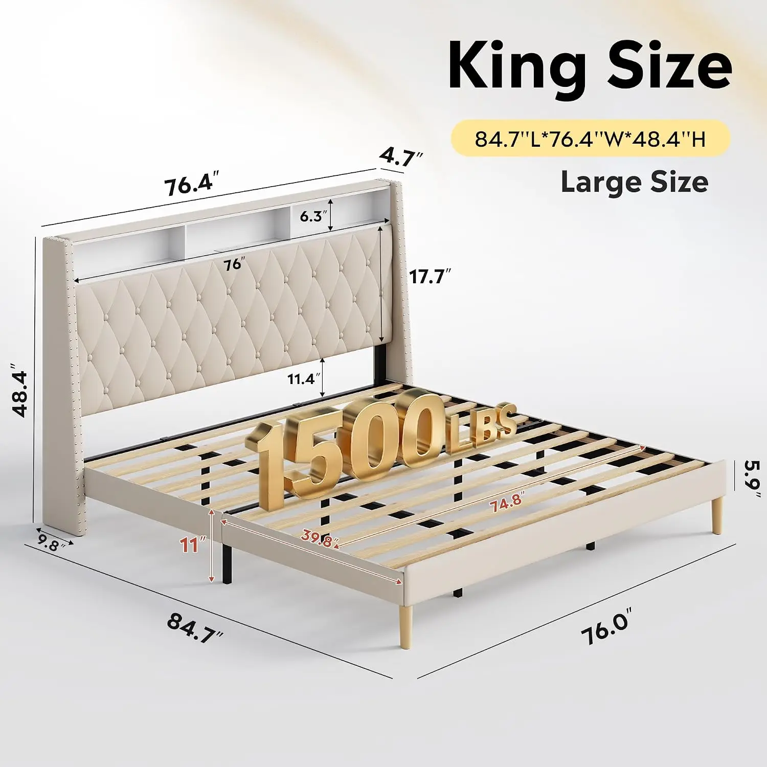 Velvet King Platform Bed 48in Wingback Headboard, Charging Station, Metal & Wood Slats, Beige, Customized