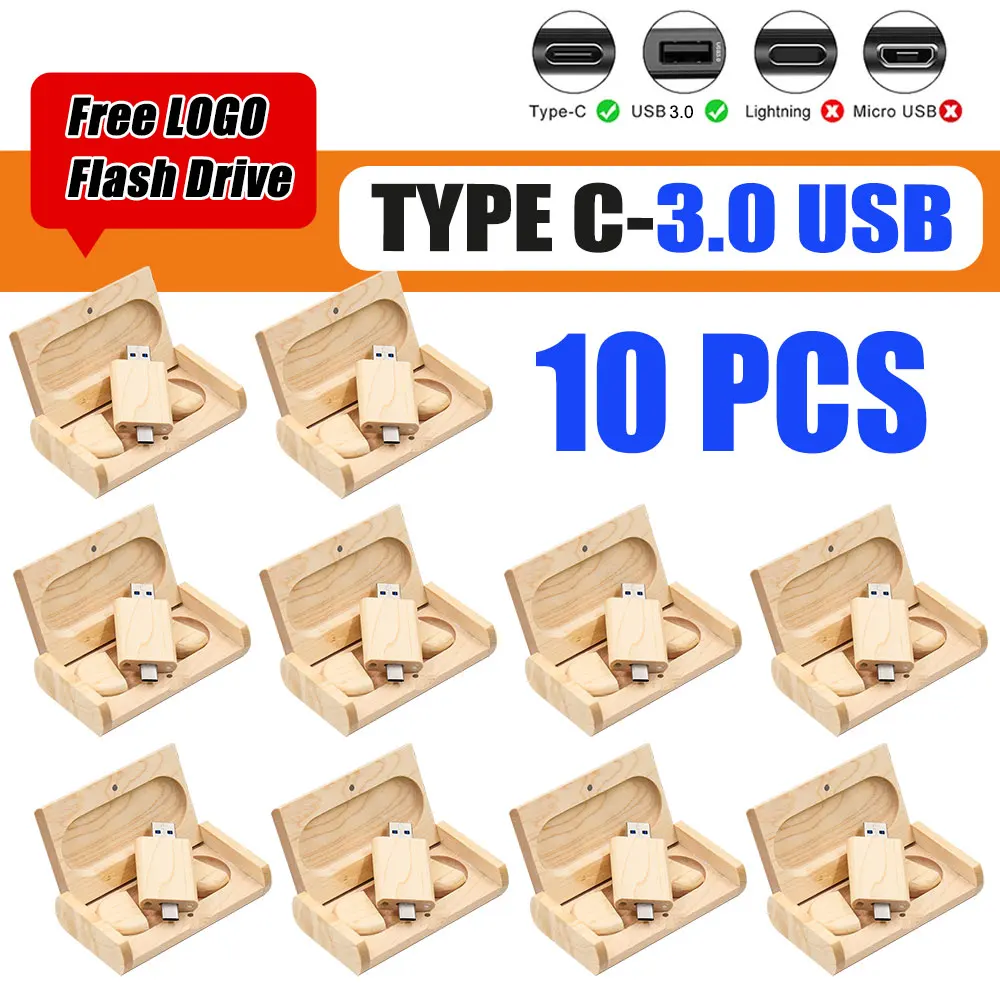 

10 шт./лот USB 3.0 флэш-накопитель TYPE-C 2 в 1 деревянная карта памяти 8 ГБ 16 ГБ 32 ГБ 64 ГБ 128 ГБ бесплатный логотип свадебные подарки