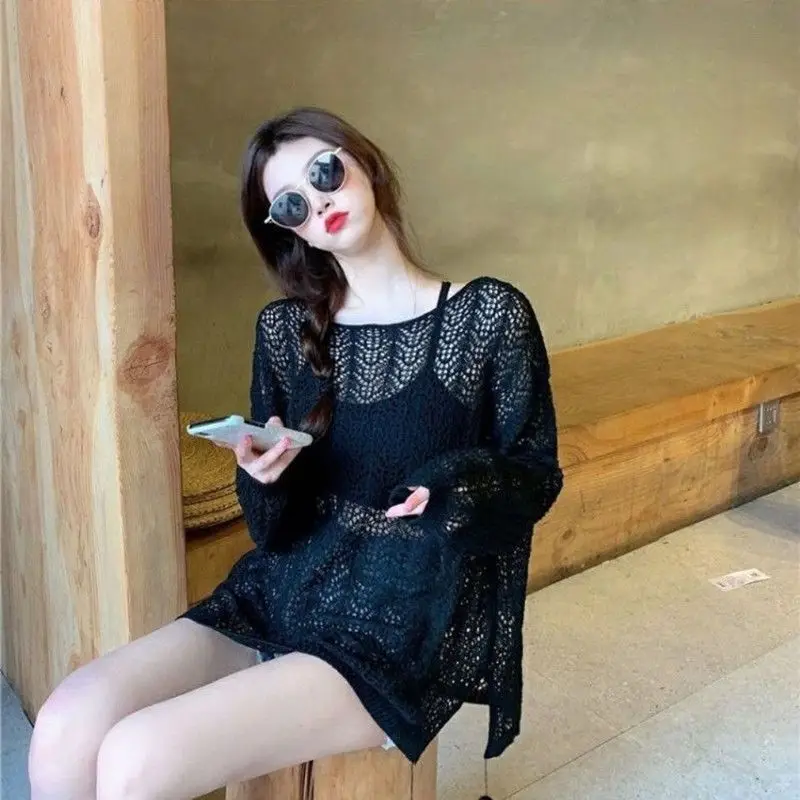 Hollow Loose Sweater Women 2024 New Summer Long-Sleeved Crocheted Blouse Thin Sunscreen T-Shirt Sexy Micro-Transparent Knitwear