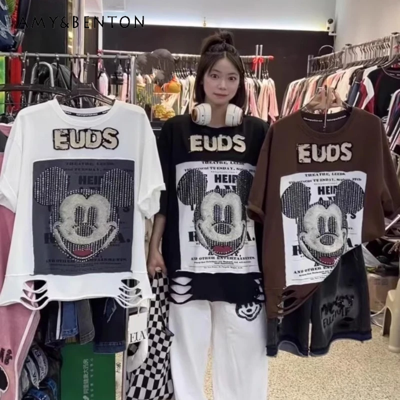 

Летняя женская футболка в американском ретро-стиле с объемным принтом и стразами, свободного кроя, дизайнерский укороченный топ-пуловер