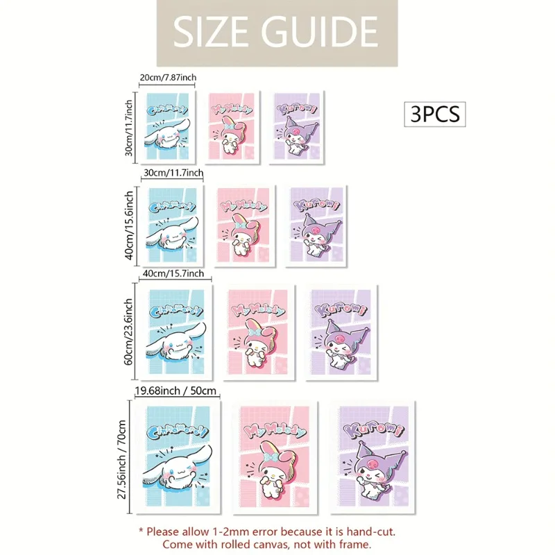 AZNM Unframed Canvas Wall Art Cinnamoroll My Melody Kuromi Pop Art Grid Sanrio Cartoon Poster Blue Pink Purple Kawaii Print