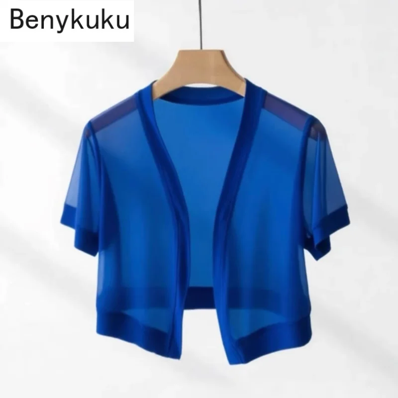 

Summer Sheer Mesh Bolero Shrug For Women Short Sleeve Open Stitch Cropped Top Cover Up Short Coat For Beachwear Light Outerwear