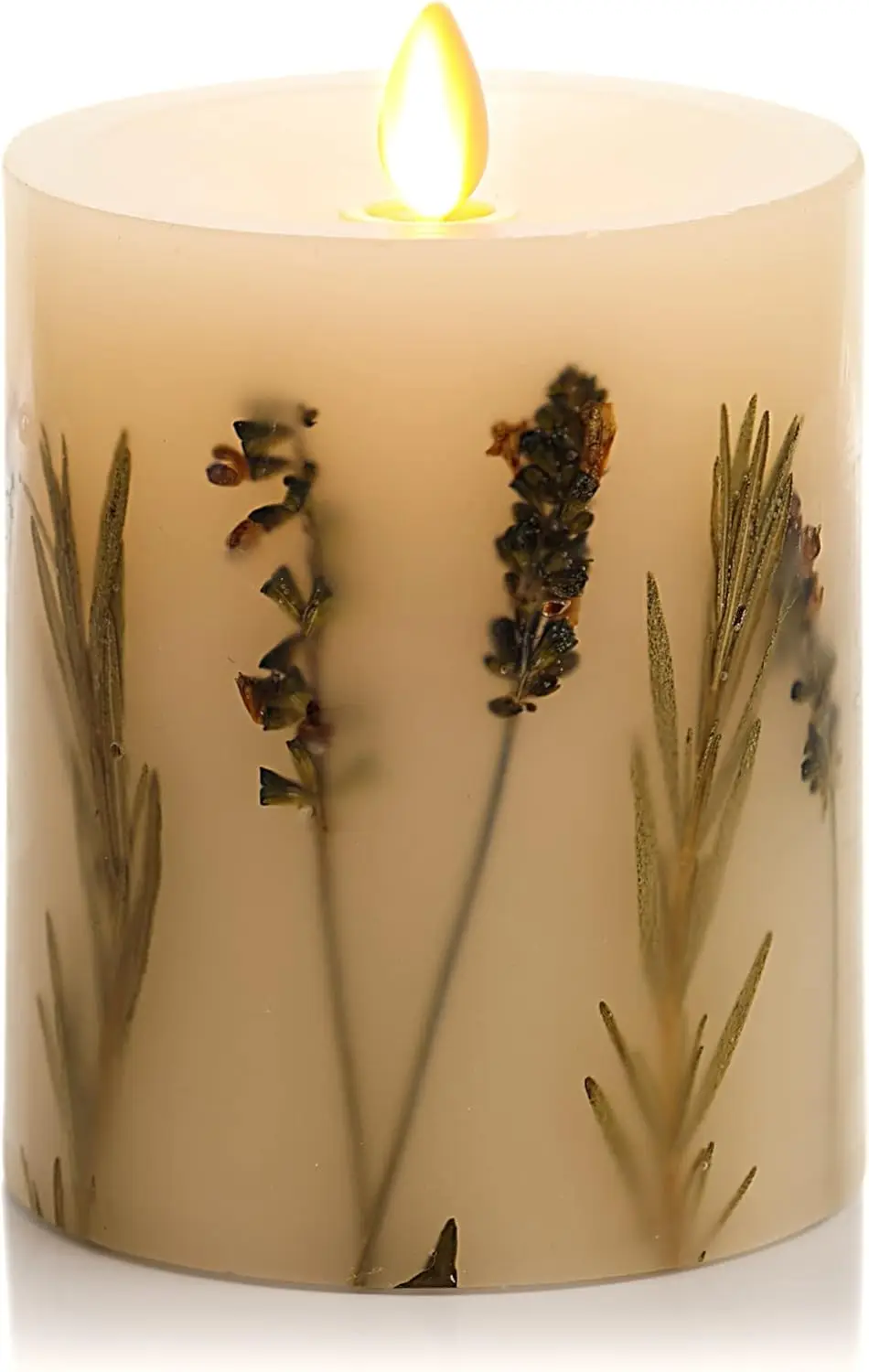 

Realistic Moving Flame LED Pillar Candle with Lavender & Rosemary - Remote Ready Battery Operated Flameless Light