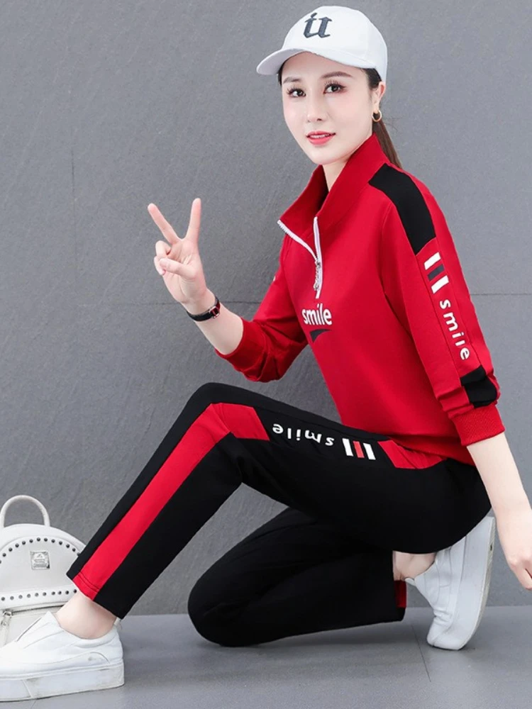 Spring Autumn New Sportswear Suits Fashion Loose Stand Collar Square Dancing Slim Running Casual Wear Women Clothing