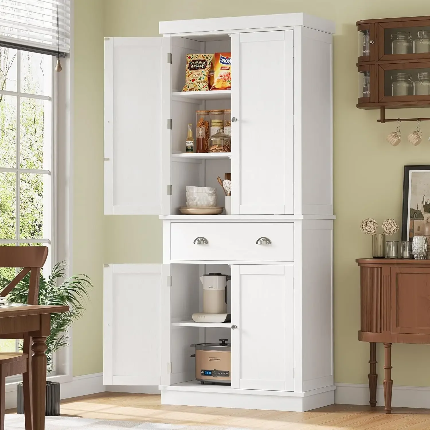 

Utility Pantry Storage Cabinets for Kitchen, Dining Room,Living Room,White ,Freestanding Cupboard with 4 Doors,Drawer, 4 Shelves