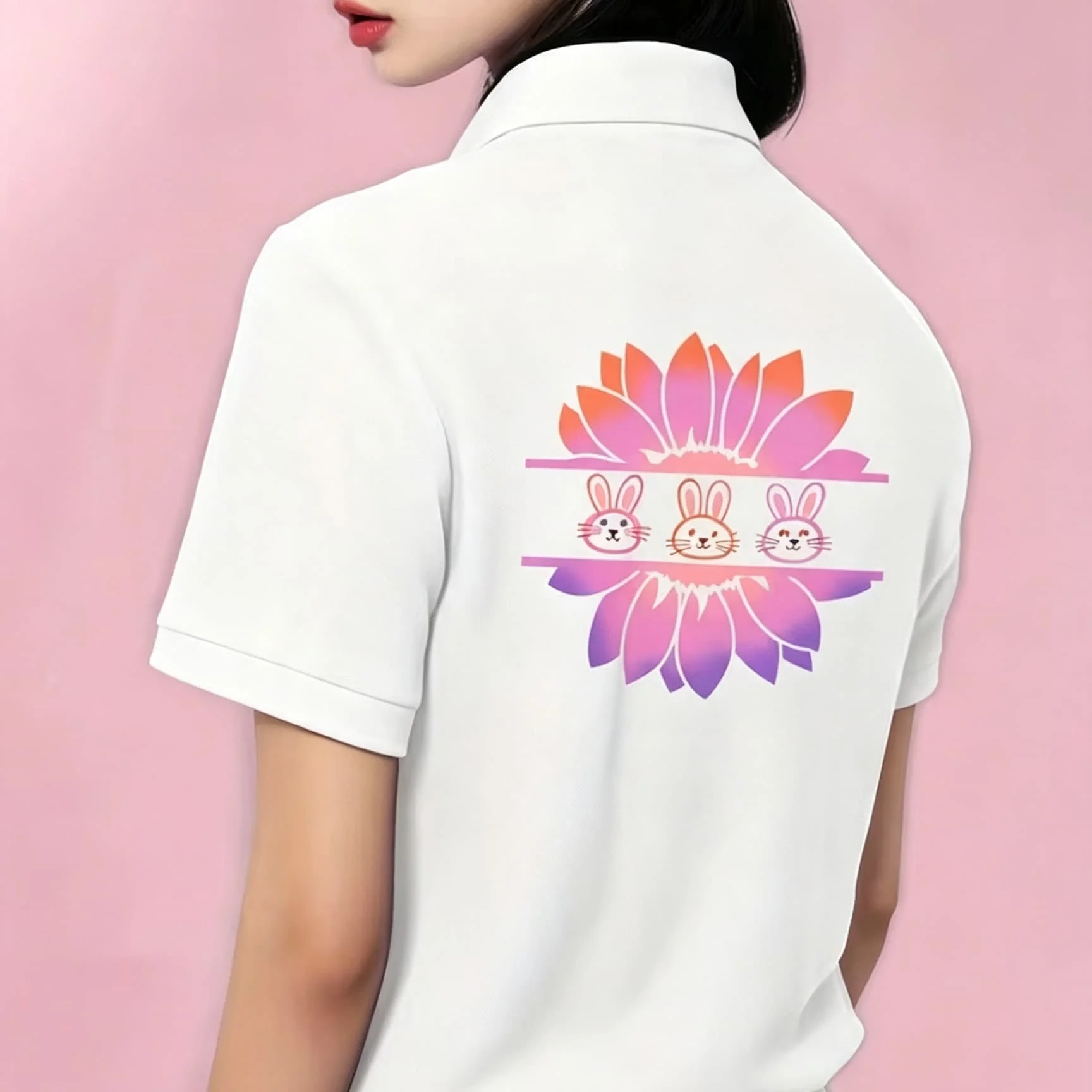 Unisex Black Lapel Collar Polo Shirt Gradient Sunflower With Cute Rabbit Back Print Short Sleeve Soft Breathable Casual Daily Top for Men Women