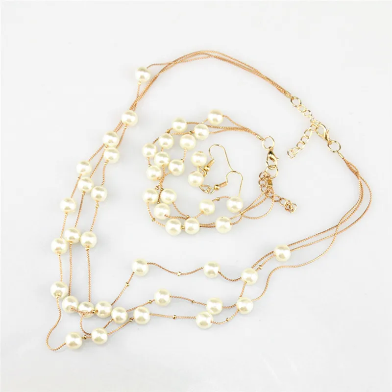 Fashion Multilayer Pearl Necklace Earrings Bracelet Jewelry Set Wedding Bridal