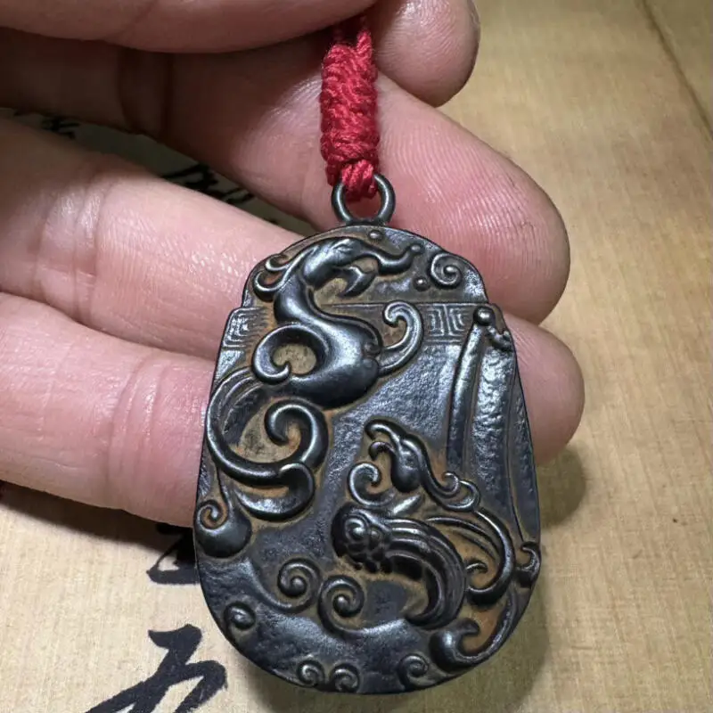 

Antique Tiantie Carving Dragon and Phoenix Relief Plaque Tibetan Style Hanging ornament Feng Shui Auspicious Decoration Crafts
