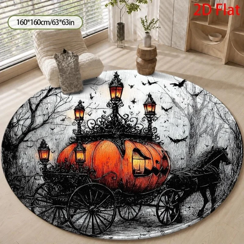Vintage Pumpkin Carriage Round Floor Rug, Spooky Forest Bat Print Carpet, Indoor Home Decoration Mat