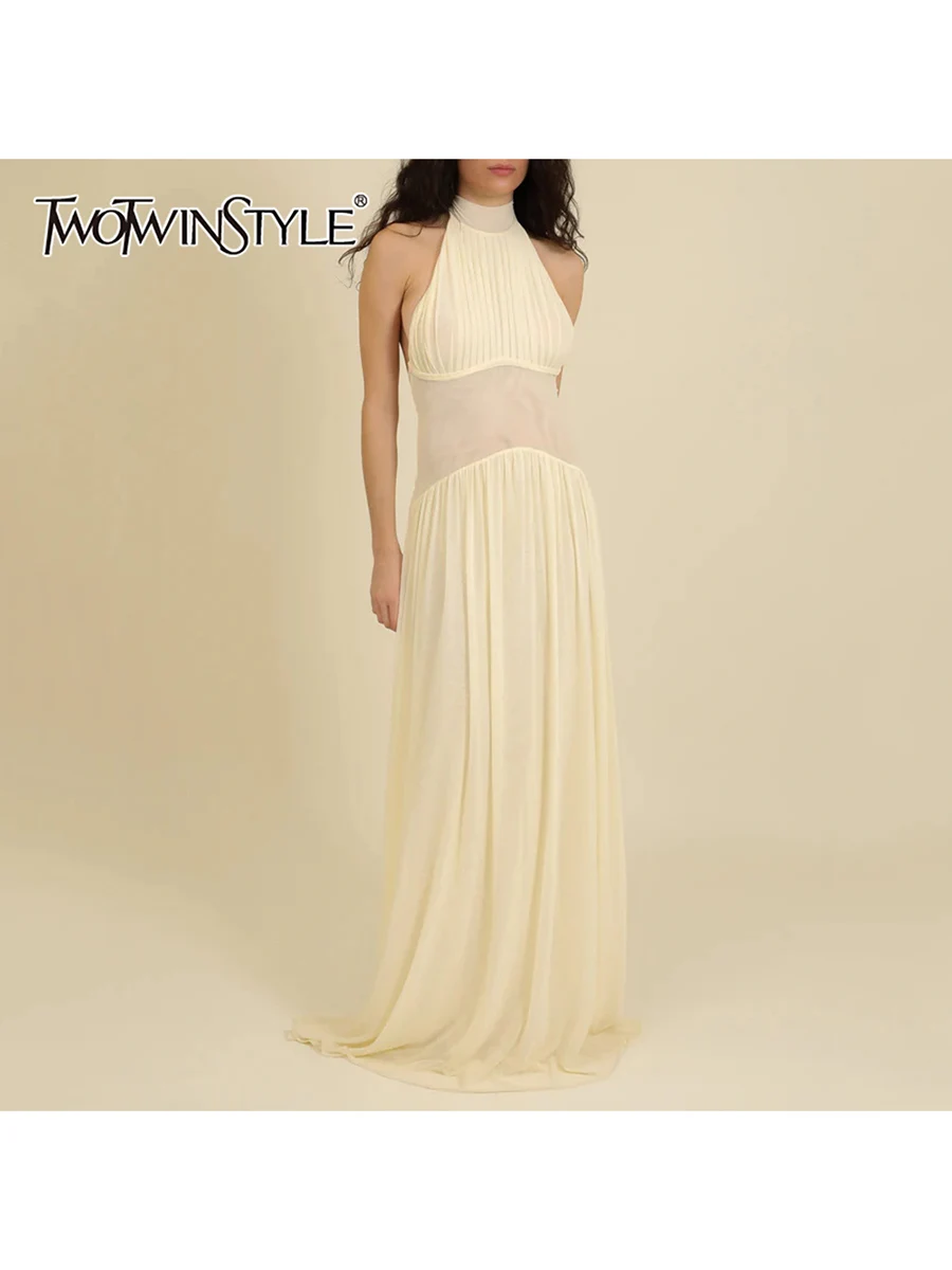 TWOTWINSTYLE minceur épissé froncé robes minimalistes pour les femmes licou sans manches dos nu pure tunique longue robe femme nouveau
