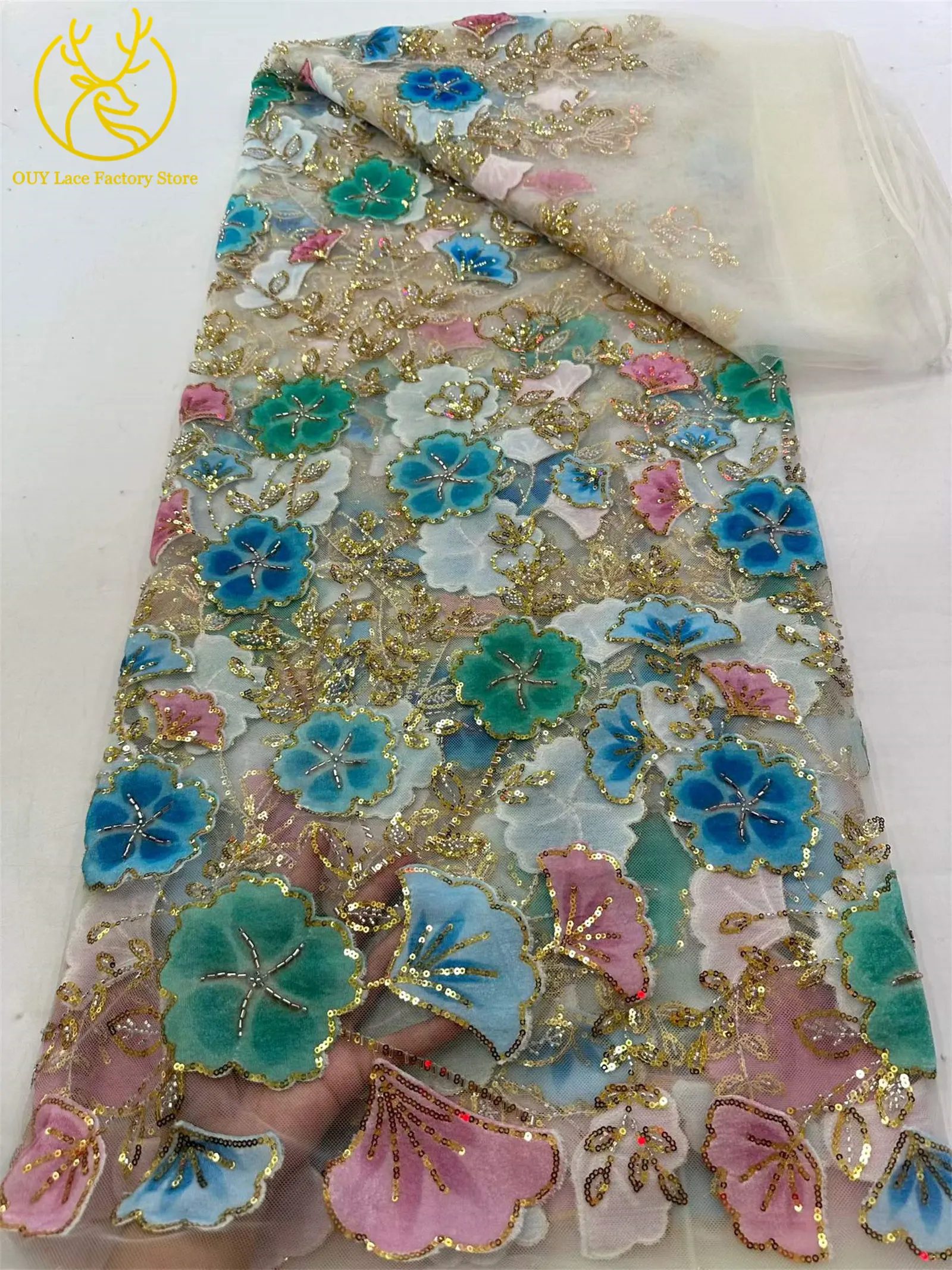 Nigerianischer eleganter Perlen-Blumen-Spitzenstoff, 5 Yards, modischer französischer Spitzenstoff mit goldenen Pailletten für Brautkleider zum Nähen – Detail 14