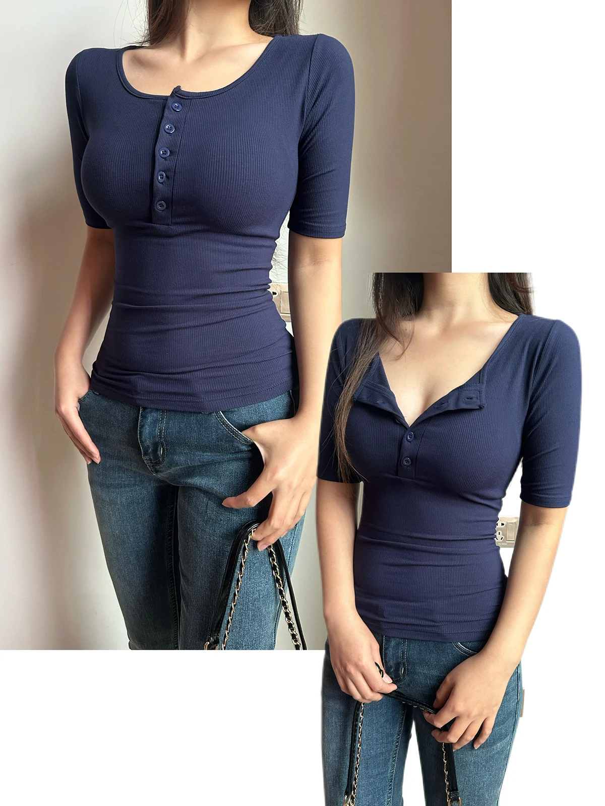 Sexy Pure Desire Button U-Ne Five-Sve Damen T-Shirt Sommer Slim Low Chest Inner Wear Elastic Waist Middle Sve Top