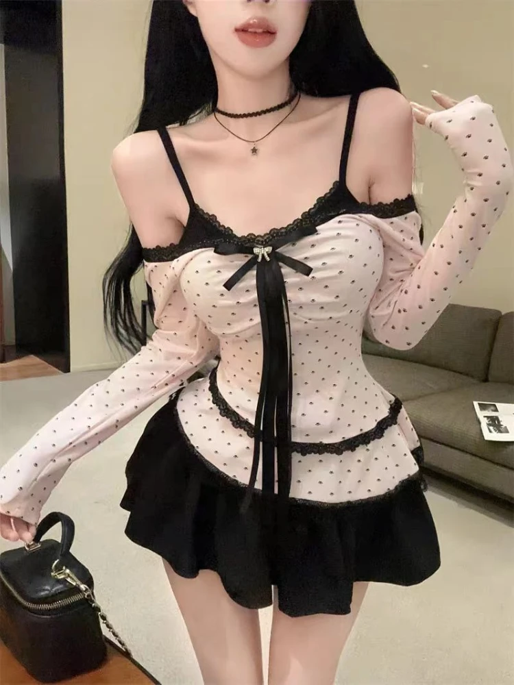 

Японский сладкий комплект из 2 предметов с открытыми плечами, женские топы с длинными рукавами и бантом в горошек + черное кружевное платье, новые шикарные вечерние облегающие наряды