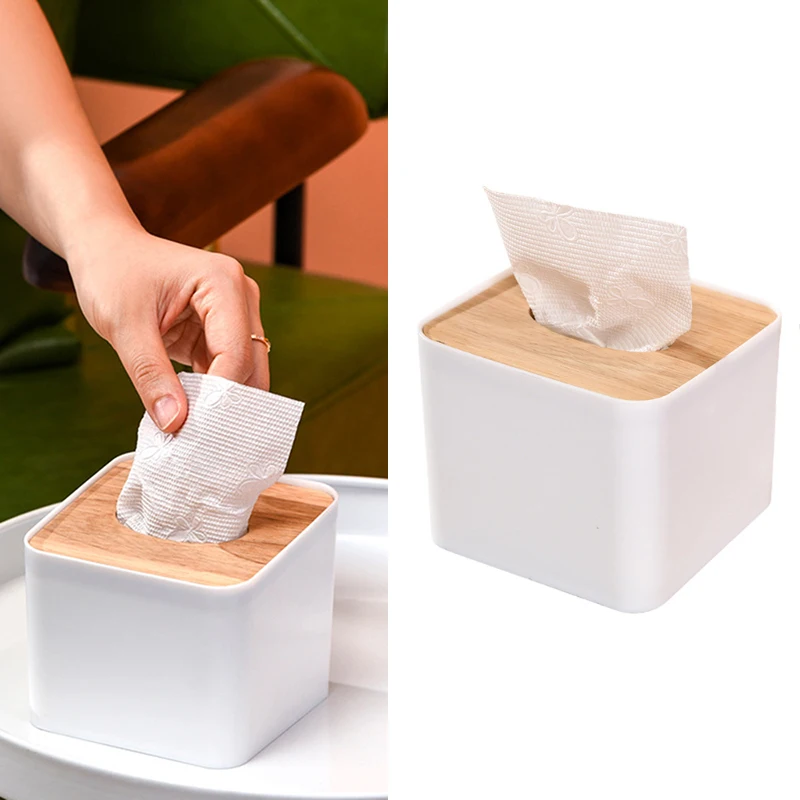 Home Tissue Paper Dispenser White Tissue Box Napkin Containers With Wood Cover Smooth Wooden Facial Tissue Container