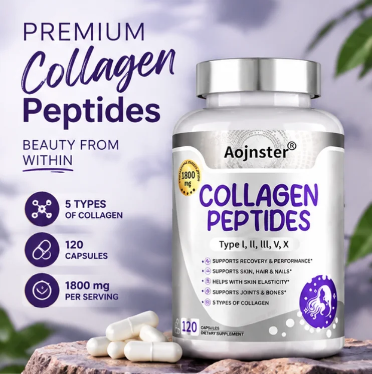 Collagen Peptides Type I II III V X, 1800mg, 120 Capsules, Multi Collagen Supplement for Skin Hair Nails Joints and Bones