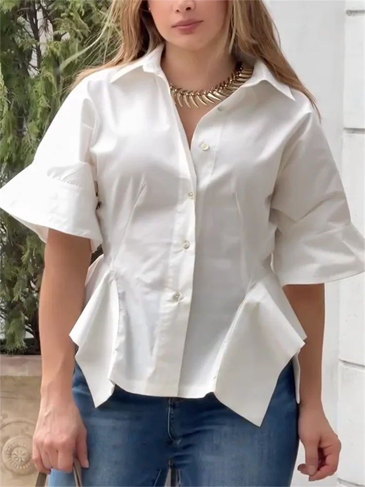 

2025 New Women's Cotton Blend Lapel Shirts Tops Fashion Asymmetrical Half Sleeves Loose Casual White Blouses
