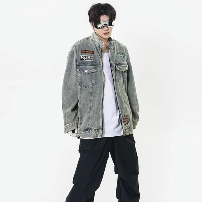 

Воротник-стойка с вышивкой Мужские джинсовые пальто из ткани Эстетичная японская верхняя одежда в стиле ретро Размер L Мужская одежда Y2k Мужская джинсовая куртка