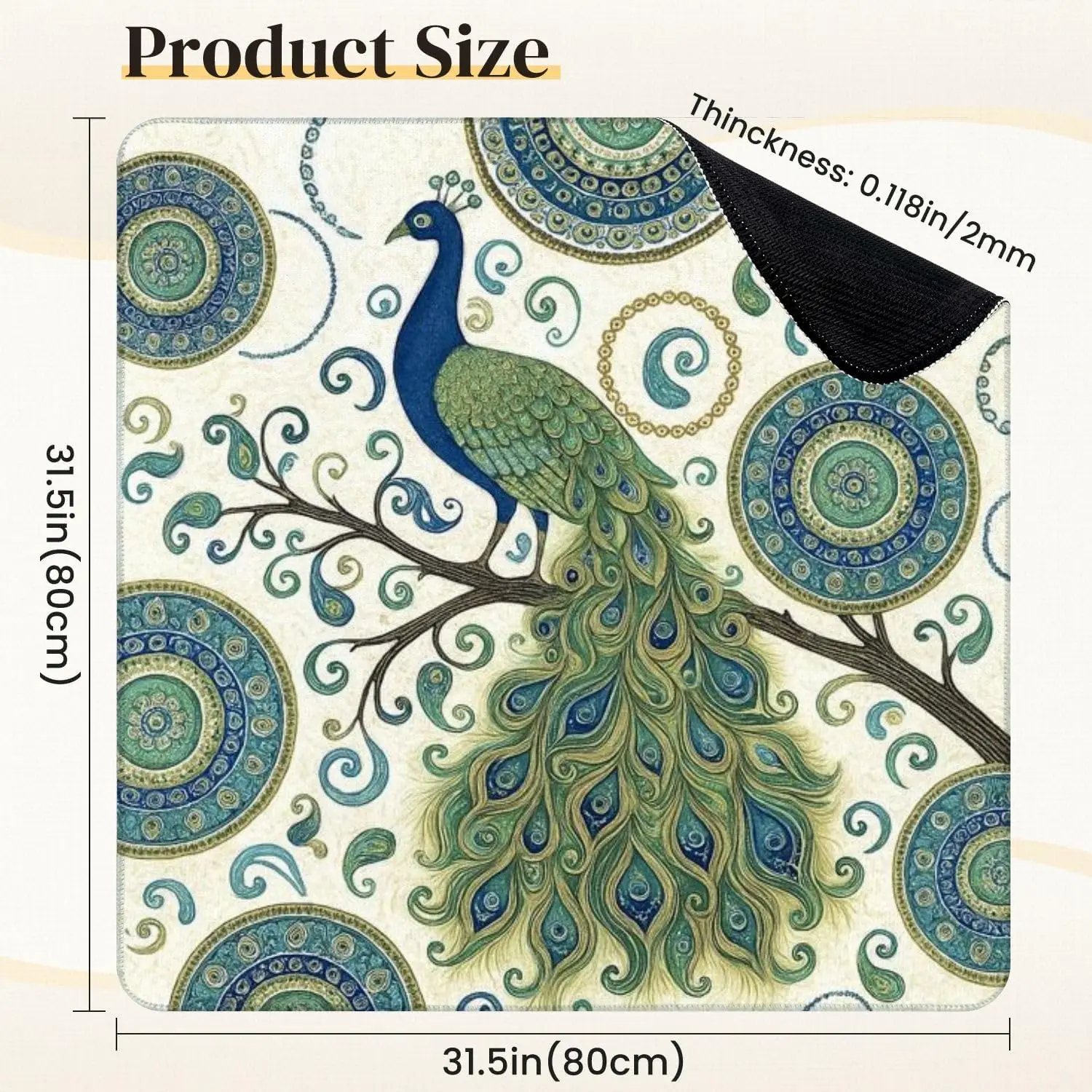 3mm Neoprene Luxury Mahjong Mat 31.5 Inch Blue Green Peacock Tail Swirl Patterns Non-slip Noise Reduction for Mahjong Games