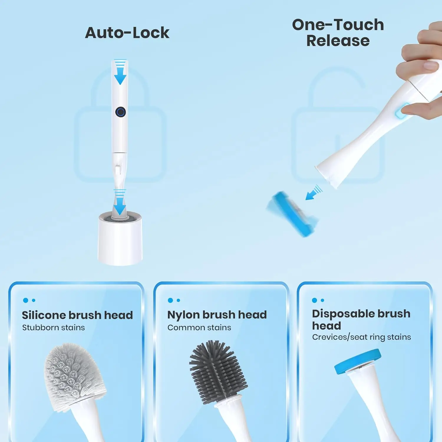Electric Toilet Brush with Holder, Auto-Clamp Scrubber, 3 Heads & Gap Brush, Compact RV Bathroom Cleaner