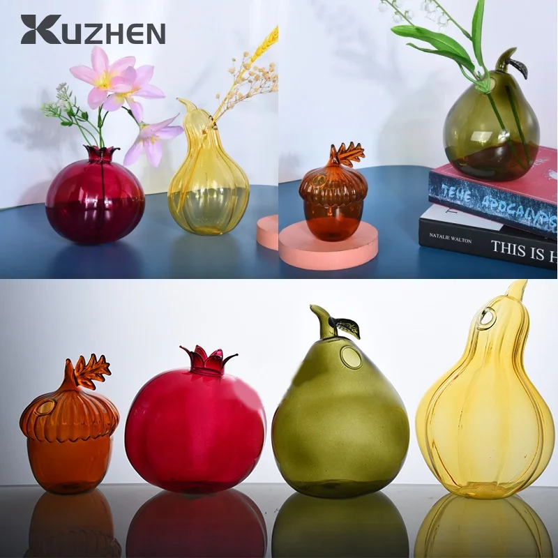 4 Styles Pomegranate Hazelnut Pear Gourd Shape Flower Vase Creative Cute Glass Home Table Shelf Foreplace Garden Decoration