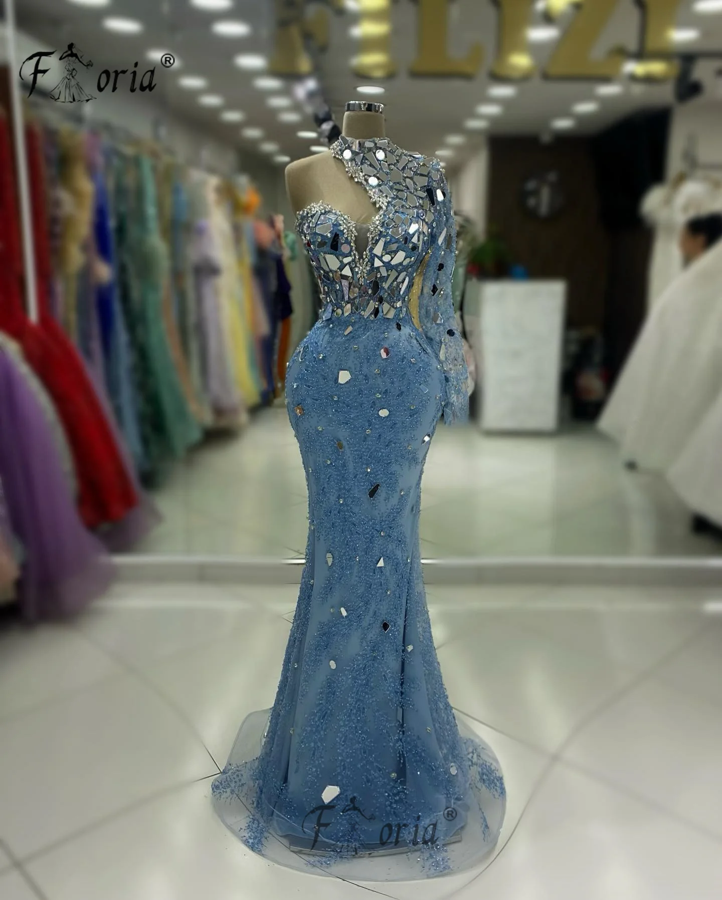 Dubai Blue Crystal Beaded Mermaid Evening Dresses Stunning Mirrors One Shoulder Wedding Party Dress vestidos de fiesta elegantes