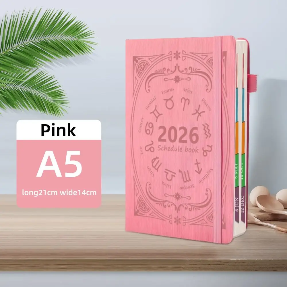 

English 2026 Schedule Planner Notepad Textured PU Wear-resistant A5 Agenda Planning Notebook Thick Paper Bookmark