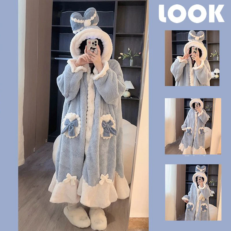 Bow Robe for Women Sleepwear Nightdress Winter Night Wears Warm Fleece Pajama One Piece Nightgown Ruffles Long Sleeve Homewear