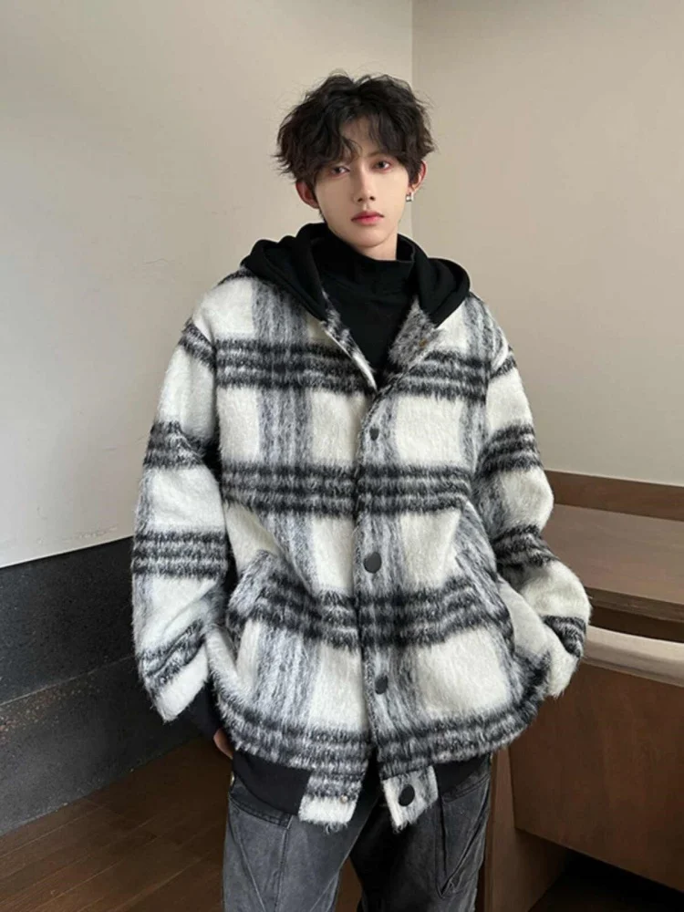 

Men's Plaid Woolen Coat Autumn Winter Thiened Hooded ort Jaet Cool Street Sle Small Fraance Windbreaker Youth Faion