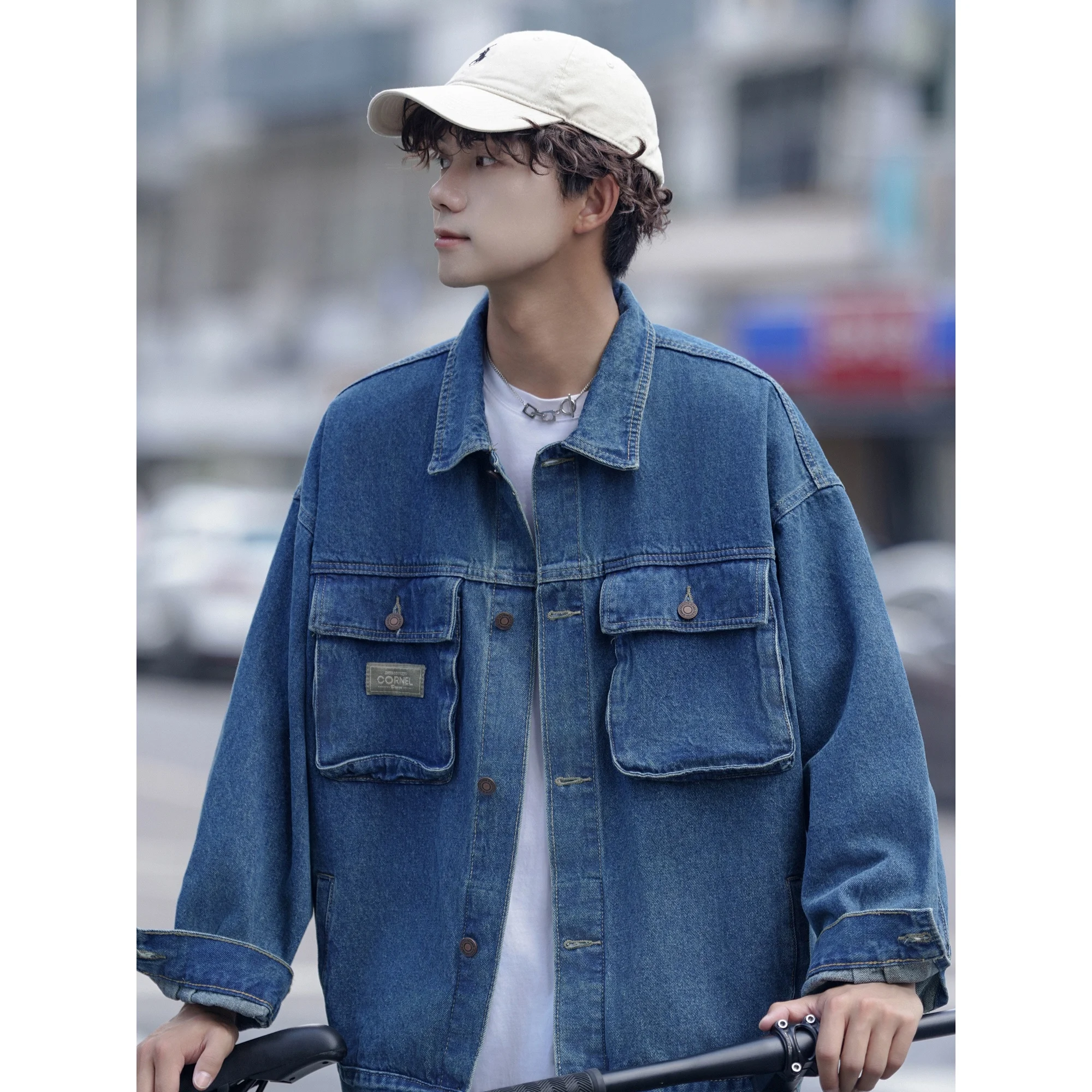 

Мужская повседневная джинсовая куртка в американском стиле, свободного кроя, на молнии, с длинными рукавами, для весны и осени